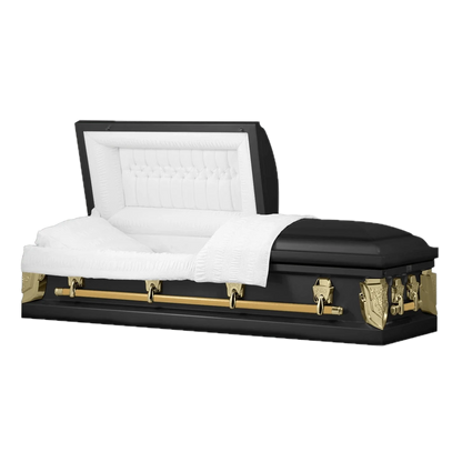 Cambridge Series | Black and Gold Steel Casket with White Velvet Interior