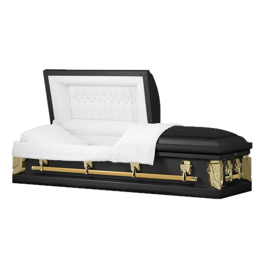 Cambridge Series | Black and Gold Steel Casket with White Velvet Interior