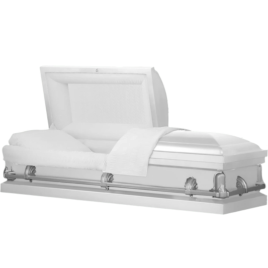 Andover Series | White Steel Casket with White Interior and Gray Hardware