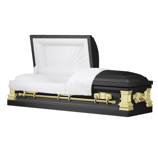 Satin Series | Black and Gold Steel Casket with White Interior