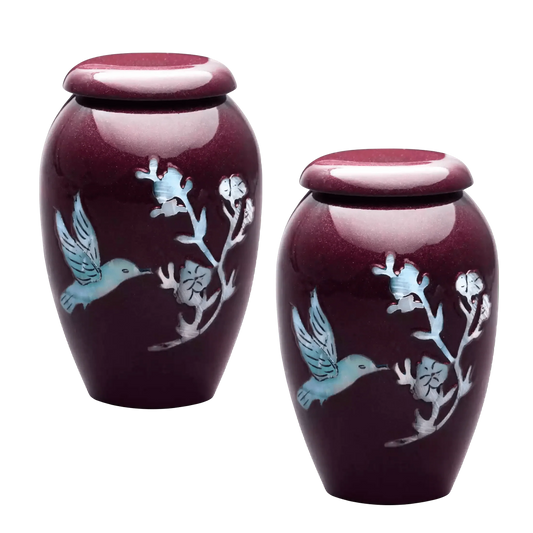 Pair of Keepsake Urns - Burgundy Hummingbird | Designer Keepsake Urns