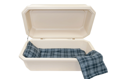 Classic Pet Casket With Interior | Almond & Grey Plaid
