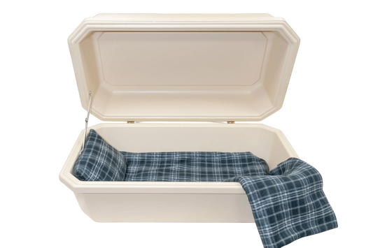 Classic Pet Casket With Interior | Almond & Grey Plaid
