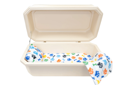 Classic Pet Casket With Interior | Almond & Rainbow Paw Print