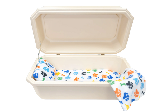 Classic Pet Casket With Interior | Almond & Rainbow Paw Print