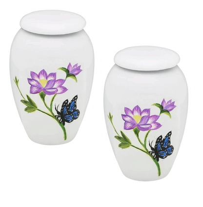 Pair of Keepsake Urns - Butterfly Landing | Hand Painted Keepsake Urns