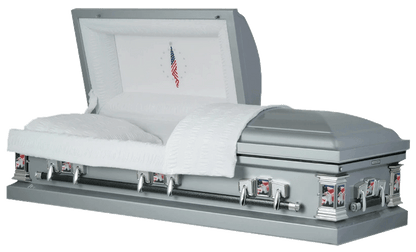 Veteran | Silver Steel Casket with White Interior and Flag at Rest Head Panel - Titan Casket