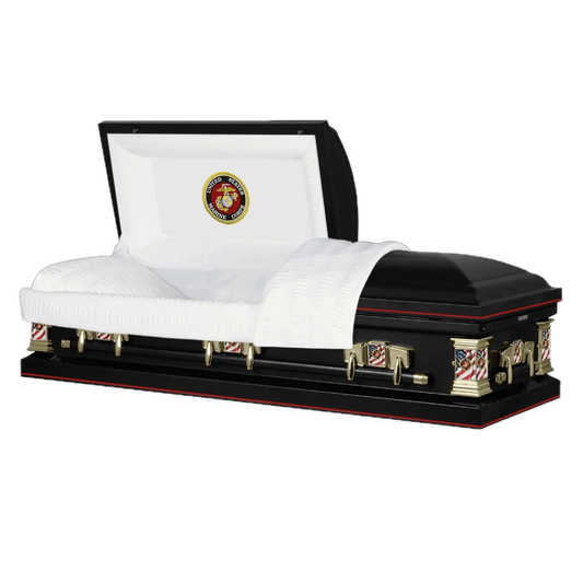 Veteran Premier | Marines Black Steel Casket with White Interior