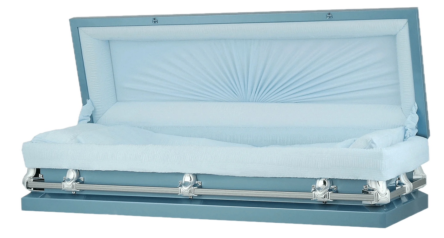 Full Couch Orion Series | Light Blue Steel Casket with Light Blue Interior