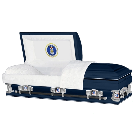 Veteran Premier XL | Air Force Oversize Dark Blue Steel Casket with White Interior