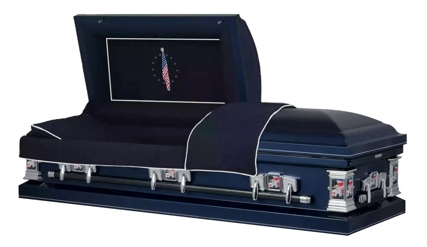 Veteran Select - Patriot | Dark Blue Steel Casket with Dark Blue Interior and Flag at Rest Head Panel