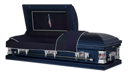 Veteran Select - Patriot | Dark Blue Steel Casket with Dark Blue Interior and Flag at Rest Head Panel