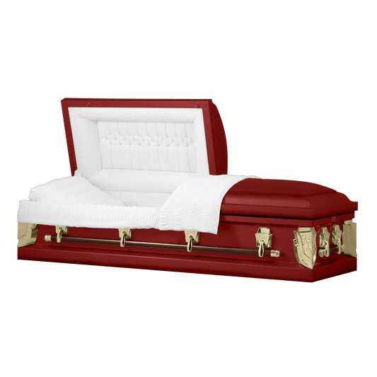 Cambridge Series | Red and Gold Steel Casket with White Velvet Interior - Titan Casket
