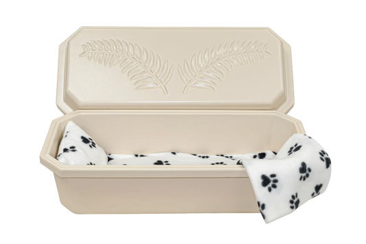 Standard Pet Casket | Almond with Black Paw Print