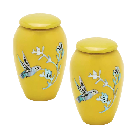 Pair of Keepsake Urns - Yellow Hummingbird | Designer Keepsake Urns