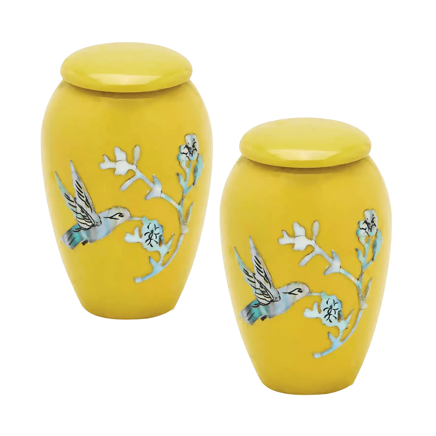 Pair of Pet Keepsake Urns - Yellow Hummingbird | Designer Keepsake Urns