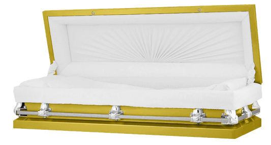 Full Couch Orion Series | Yellow & Silver Steel Casket with White Interior